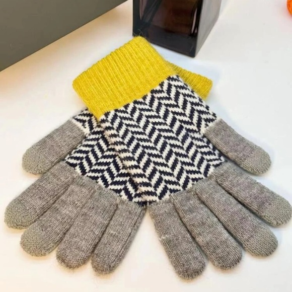 Houndstooth Herringbone Pattern Color Block Gloves Yellow Gray Warm Soft Stripes - Picture 4 of 12